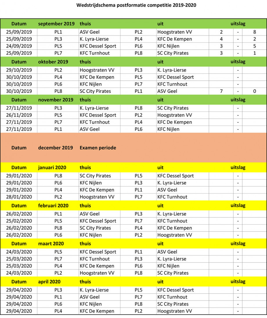 Kalender Wedstrijden Postformatie 2